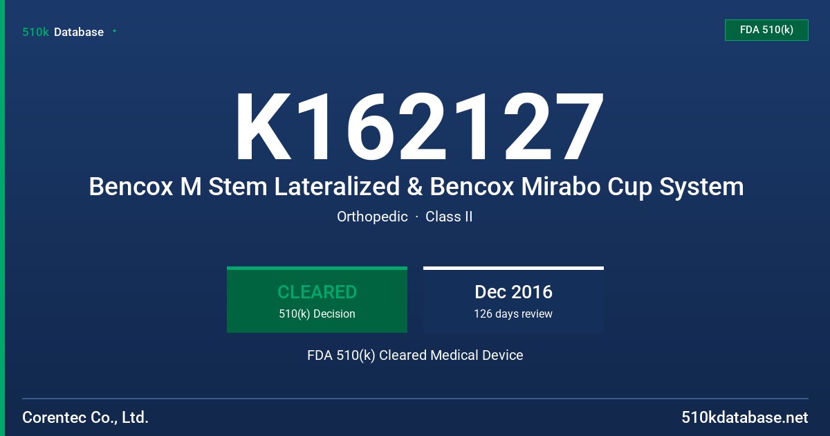 K162127 Bencox M Stem Lateralized & Bencox Mirabo Cup System FDA 510(k) Cleared Medical Device