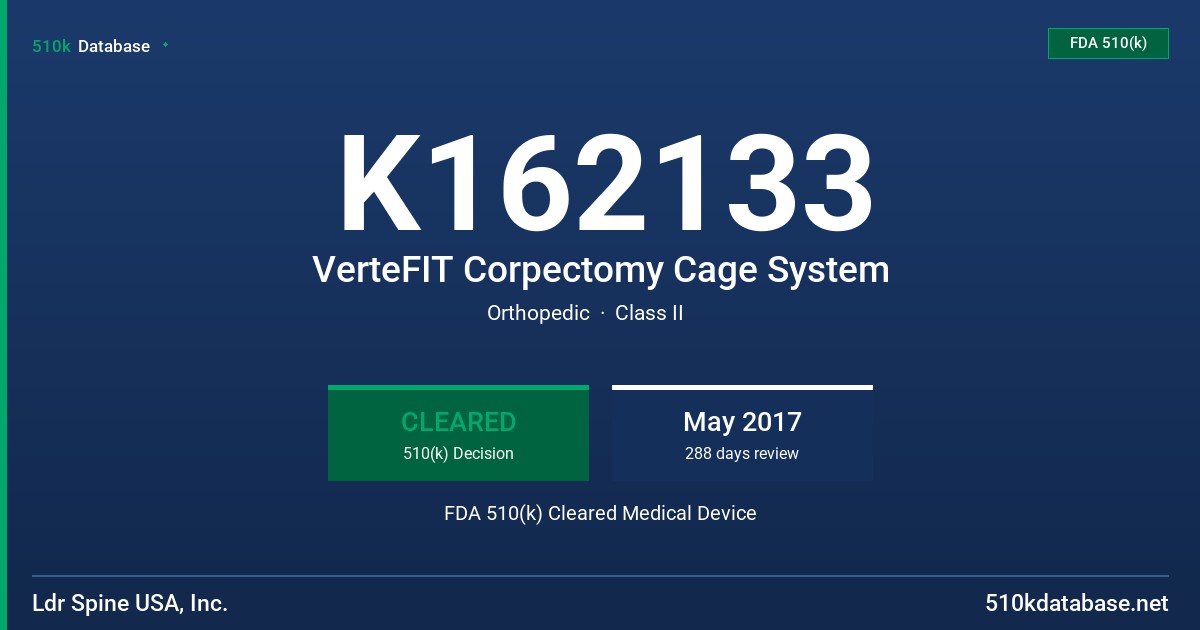 K162133 VerteFIT Corpectomy Cage System FDA 510(k) Cleared Medical Device