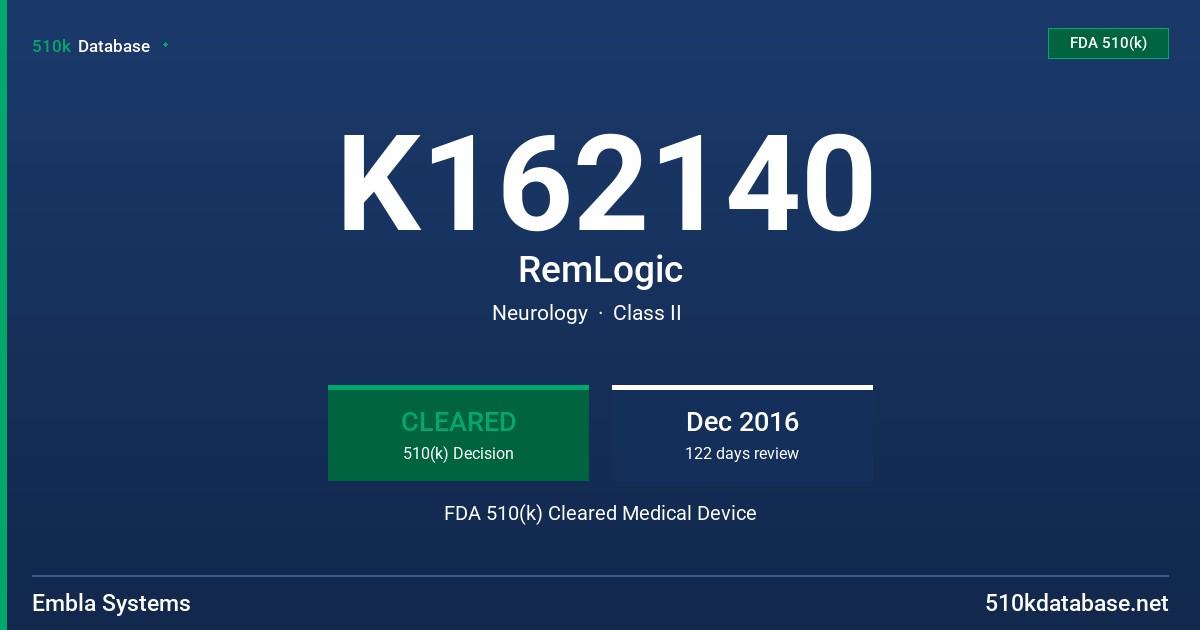 K162140 RemLogic FDA 510(k) Cleared Medical Device