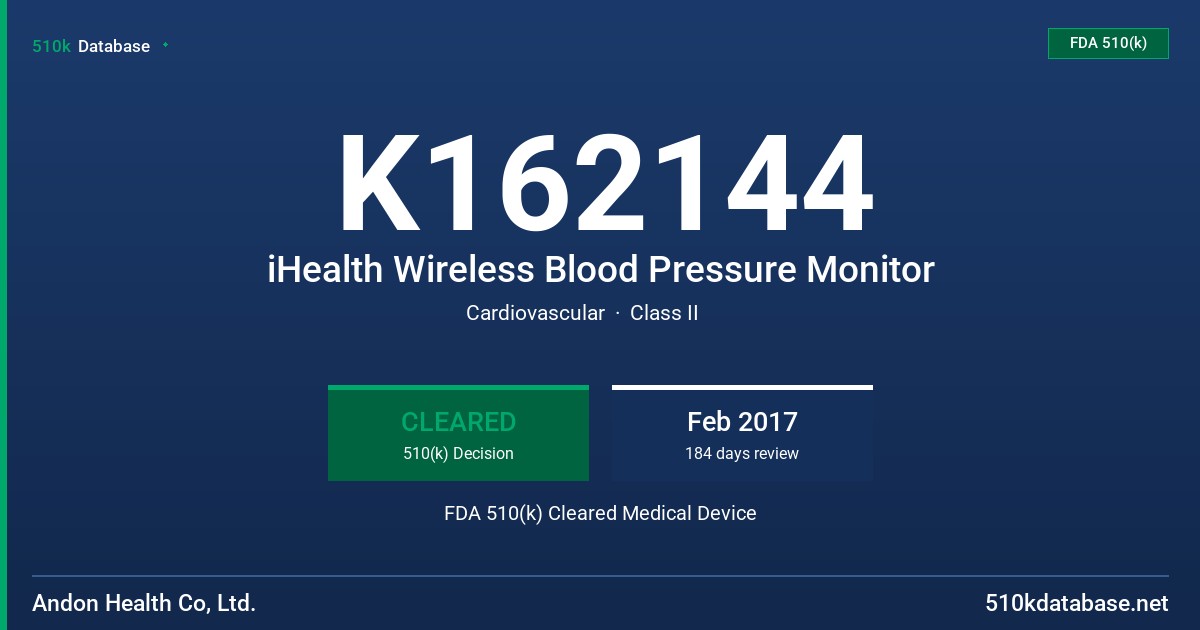 K162144 iHealth Wireless Blood Pressure Monitor FDA 510(k) Cleared Medical Device