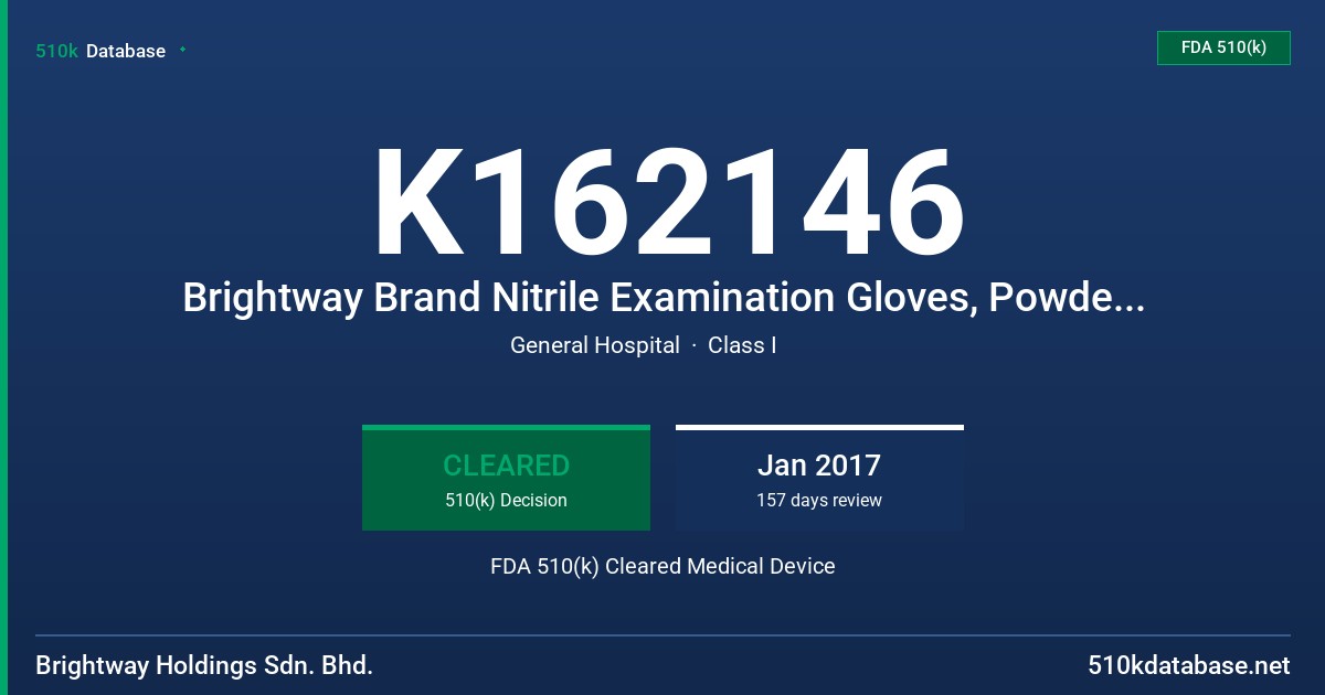 K162146 Brightway Brand Nitrile Examination Gloves, Powder Free (Lavender) FDA 510(k) Cleared Medical Device