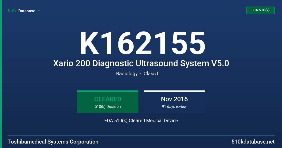 K162155 Xario 200 Diagnostic Ultrasound System V5.0 FDA 510(k) Cleared Medical Device