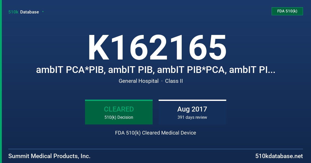 K162165 ambIT PCA*PIB, ambIT PIB, ambIT PIB*PCA, ambIT PIEB, and ambIT Programmable Intermittent Pump FDA 510(k) Cleared Medical Device