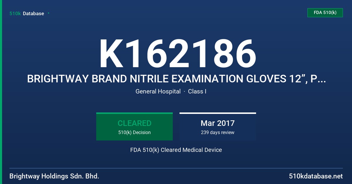 K162186 BRIGHTWAY BRAND NITRILE EXAMINATION GLOVES 12”, POWDER FREE, [STERLING/GREY] WITH CHEMOTHERAPY CLAIM FDA 510(k) Cleared Medical Device