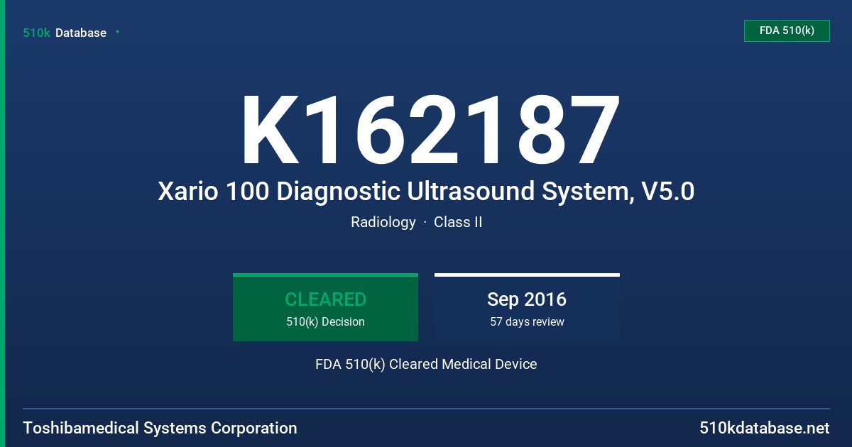 K162187 Xario 100 Diagnostic Ultrasound System, V5.0 FDA 510(k) Cleared Medical Device