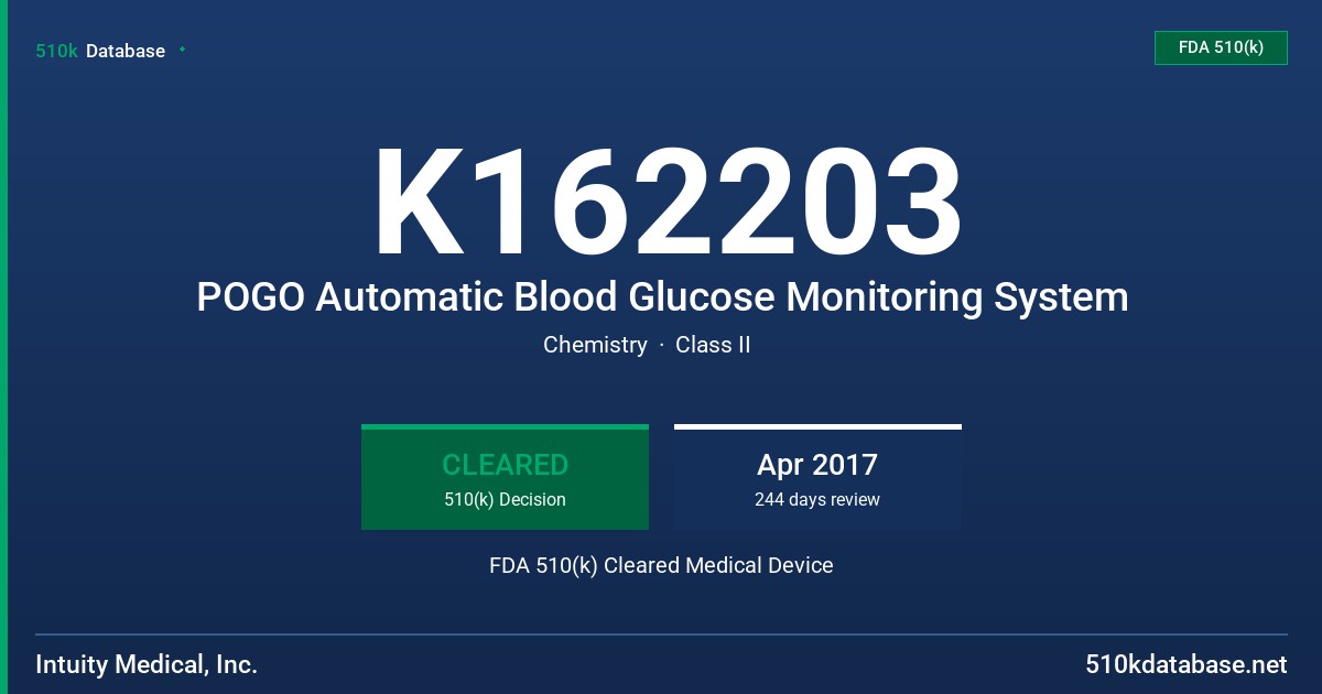 K162203 POGO Automatic Blood Glucose Monitoring System FDA 510(k) Cleared Medical Device