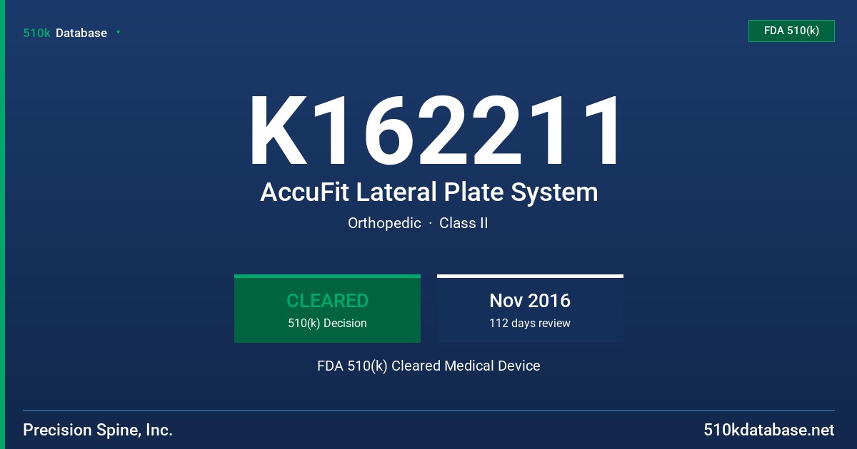 K162211 AccuFit Lateral Plate System FDA 510(k) Cleared Medical Device