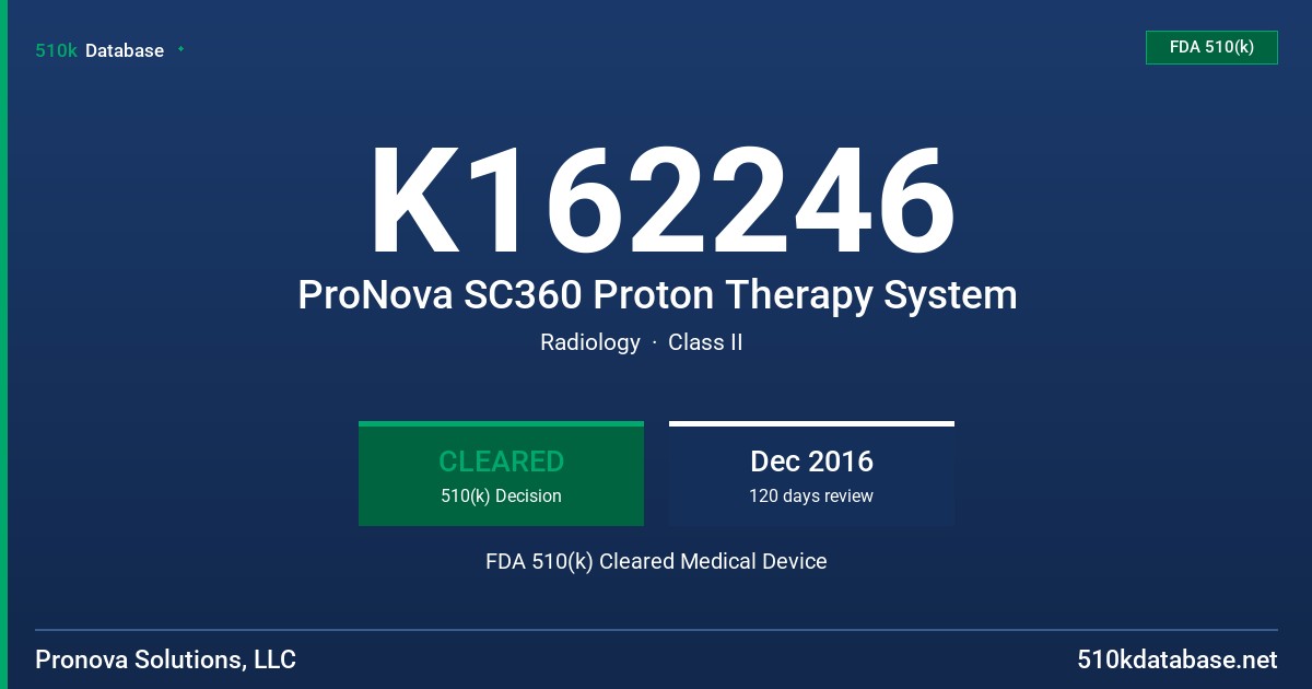 K162246 ProNova SC360 Proton Therapy System FDA 510(k) Cleared Medical Device
