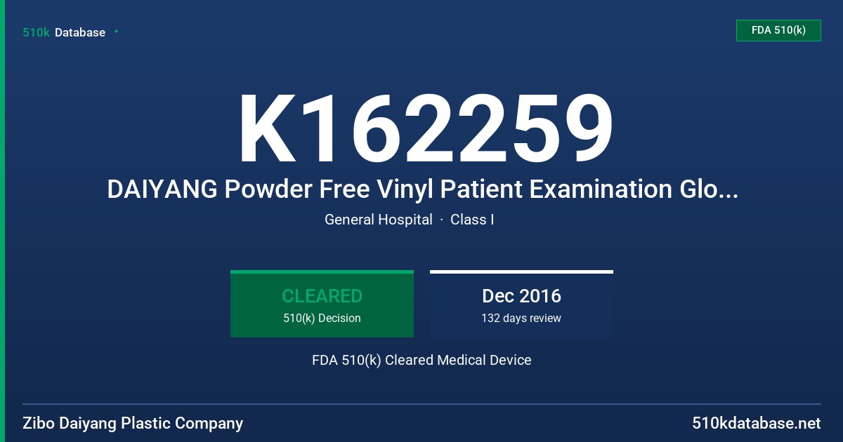 K162259 DAIYANG Powder Free Vinyl Patient Examination Gloves, Clear (non-colored) FDA 510(k) Cleared Medical Device