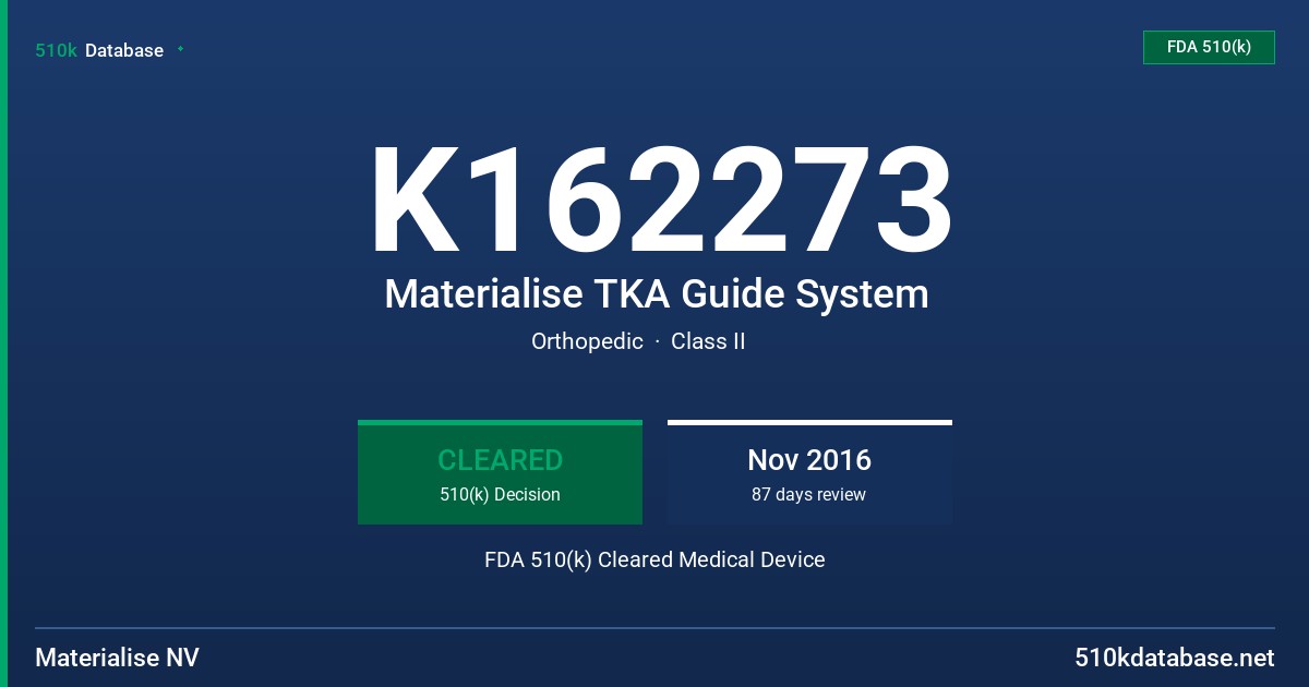 K162273 Materialise TKA Guide System FDA 510(k) Cleared Medical Device