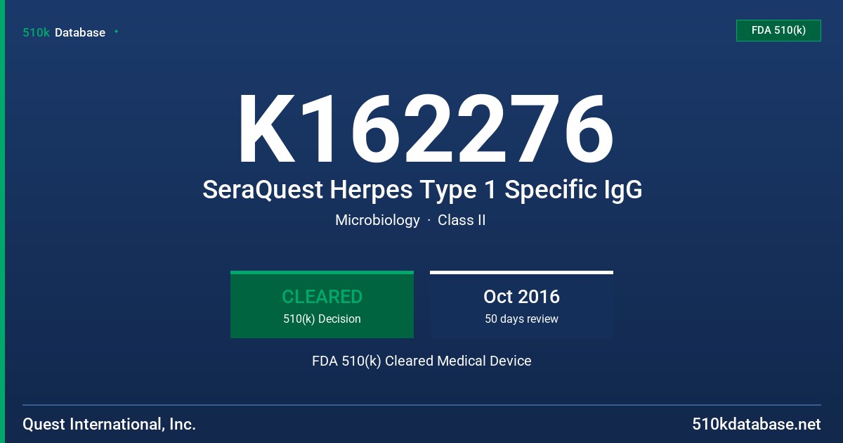K162276 SeraQuest Herpes Type 1 Specific IgG FDA 510(k) Cleared Medical Device