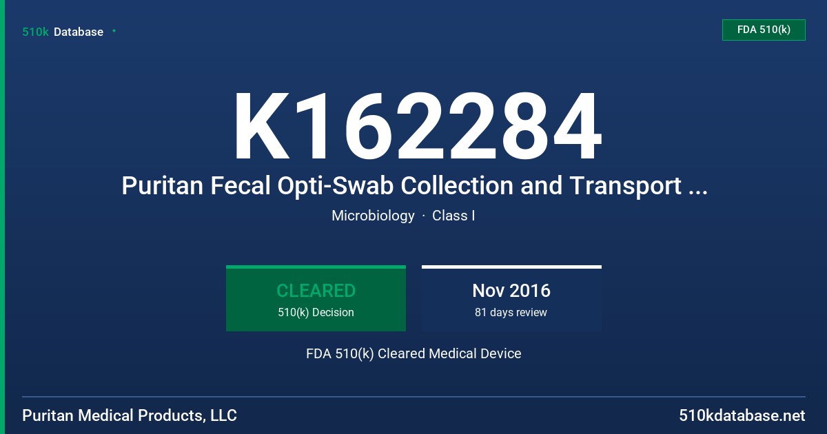 K162284 Puritan Fecal Opti-Swab Collection and Transport System FDA 510(k) Cleared Medical Device