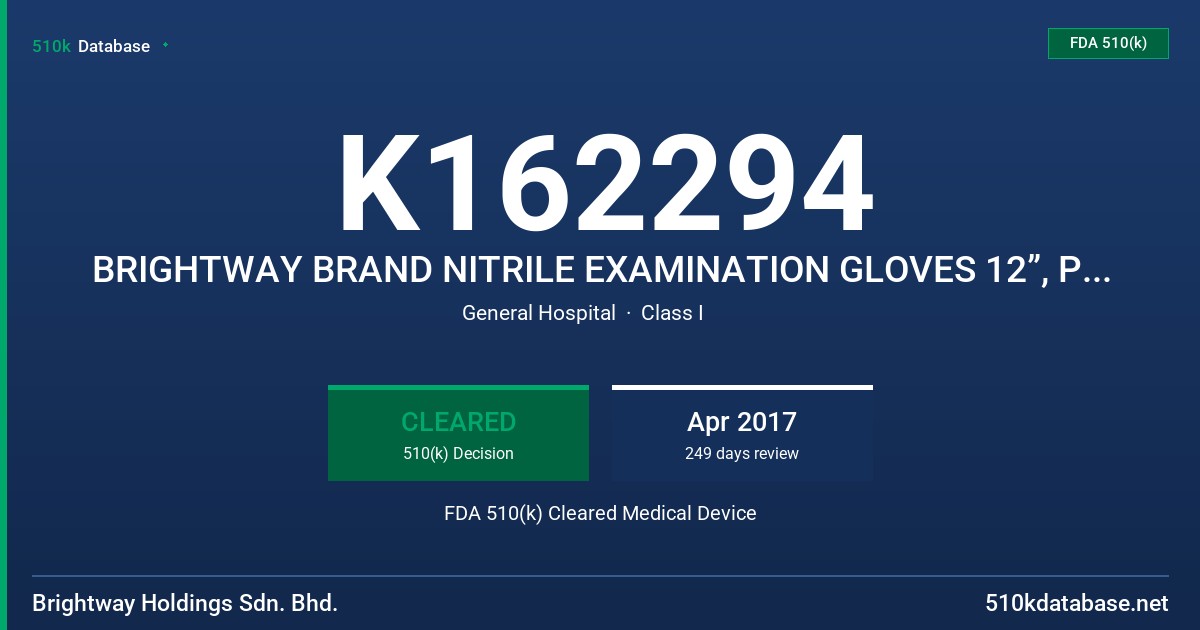 K162294 BRIGHTWAY BRAND NITRILE EXAMINATION GLOVES 12”, POWDER FREE, [PURPLE] TESTED FOR USE WITH CHEMOTHERAPY DRUGS FDA 510(k) Cleared Medical Device