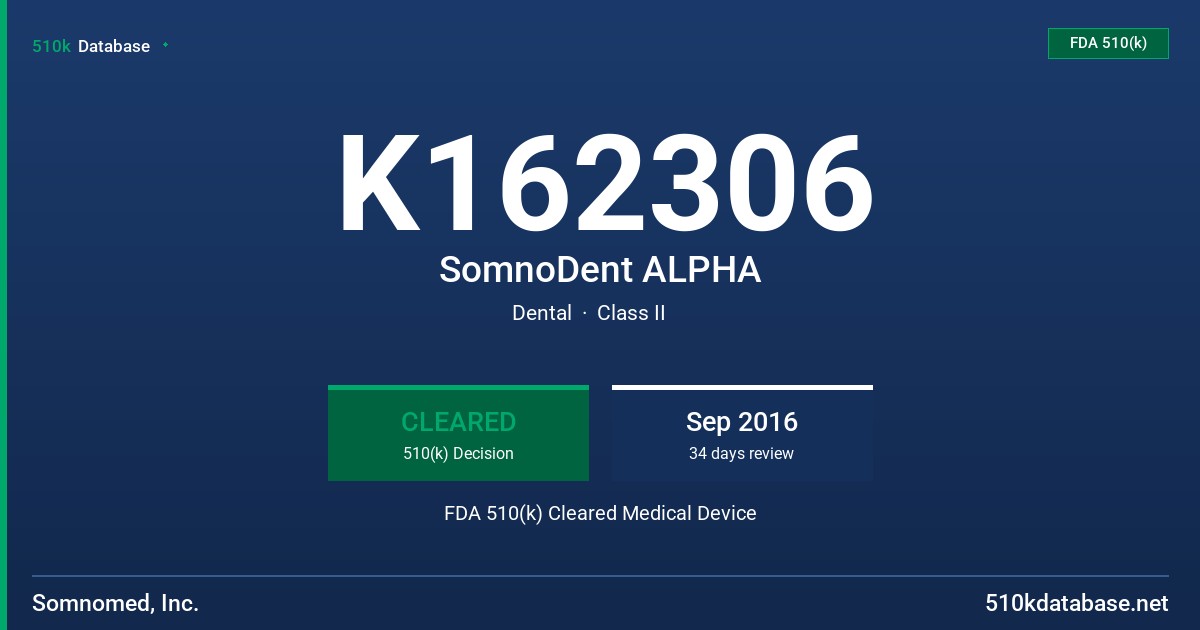 K162306 SomnoDent ALPHA FDA 510(k) Cleared Medical Device