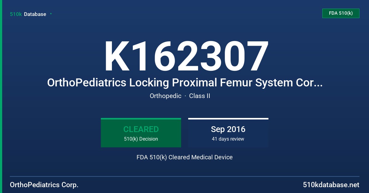 K162307 OrthoPediatrics Locking Proximal Femur System Cortical Screws FDA 510(k) Cleared Medical Device