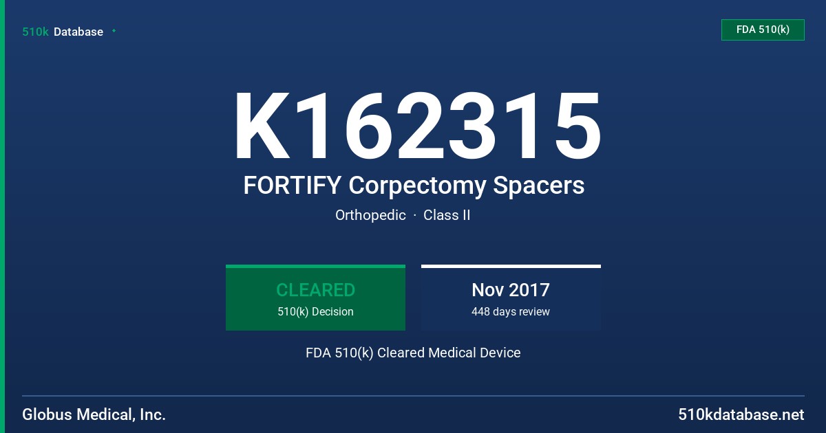 K162315 FORTIFY Corpectomy Spacers FDA 510(k) Cleared Medical Device