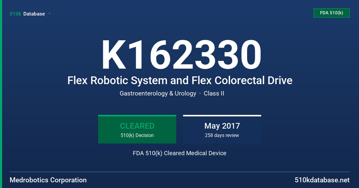K162330 Flex Robotic System and Flex Colorectal Drive FDA 510(k) Cleared Medical Device