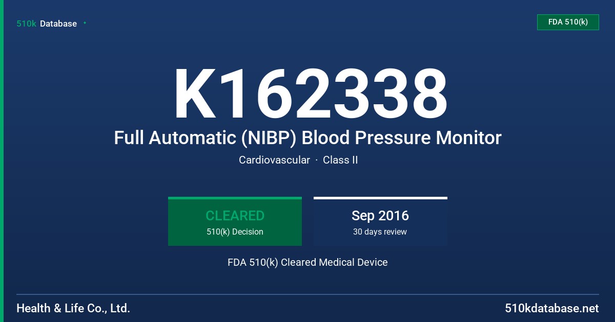 K162338 Full Automatic (NIBP) Blood Pressure Monitor FDA 510(k) Cleared Medical Device