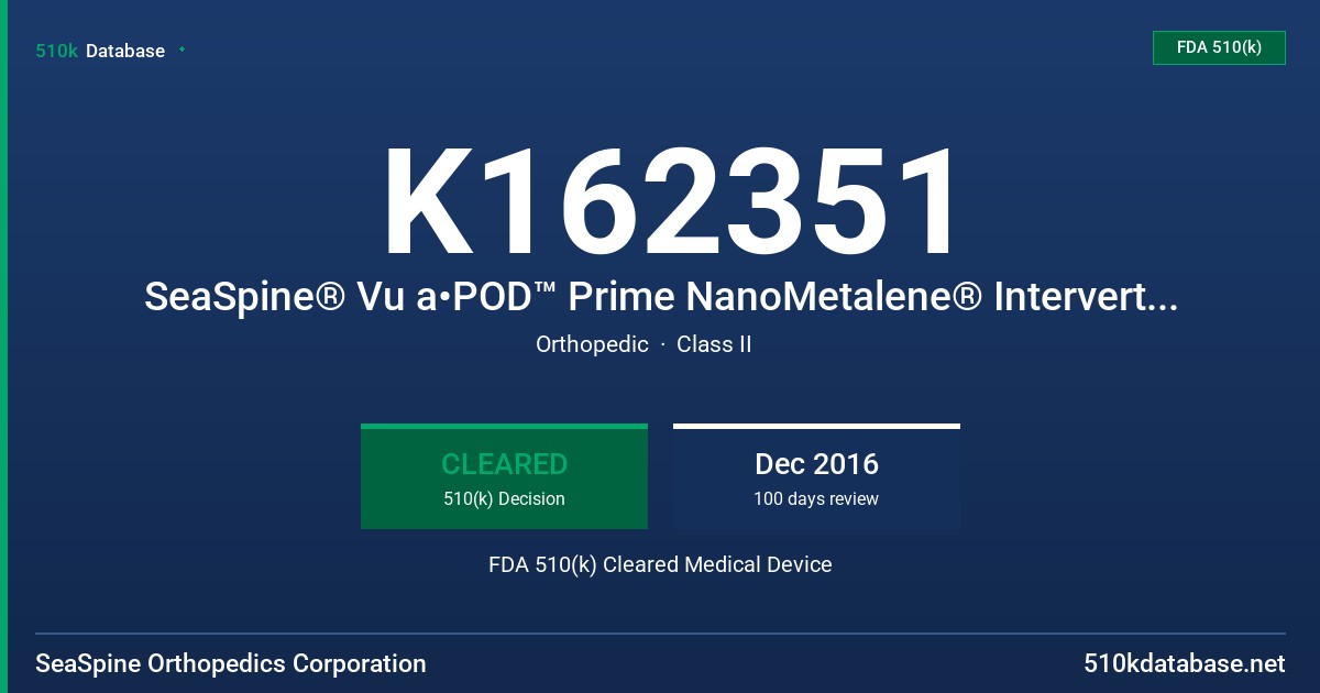 K162351 SeaSpine® Vu a•POD™ Prime NanoMetalene® Intervertebral Body Fusion Device FDA 510(k) Cleared Medical Device