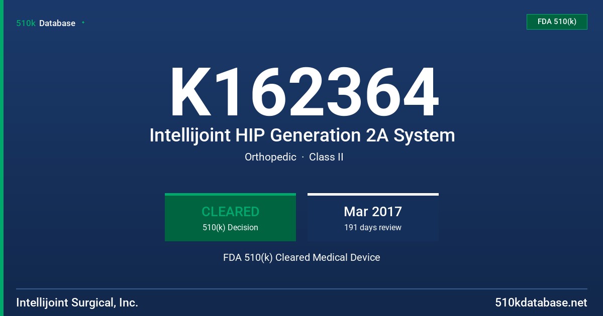 K162364 Intellijoint HIP Generation 2A System FDA 510(k) Cleared Medical Device