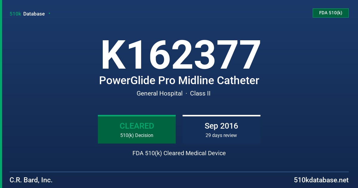K162377 PowerGlide Pro Midline Catheter FDA 510(k) Cleared Medical Device