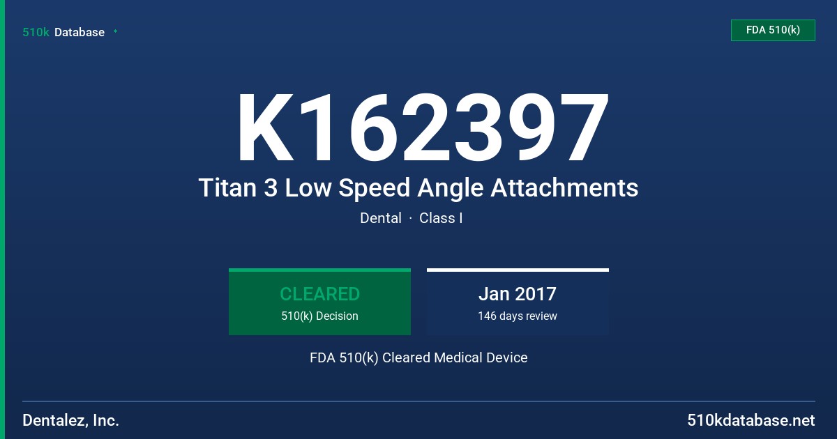 K162397 Titan 3 Low Speed Angle Attachments FDA 510(k) Cleared Medical Device
