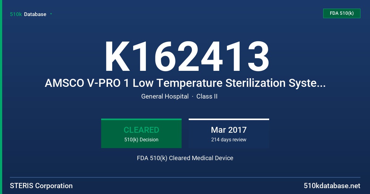 K162413 AMSCO V-PRO 1 Low Temperature Sterilization System, AMSCO V-PRO 1 Plus Low Temperature Sterilization System, V-PRO maX Low Temperature Sterilization System, V-PRO 60 Low Temperature Sterilization System FDA 510(k) Cleared Medical Device