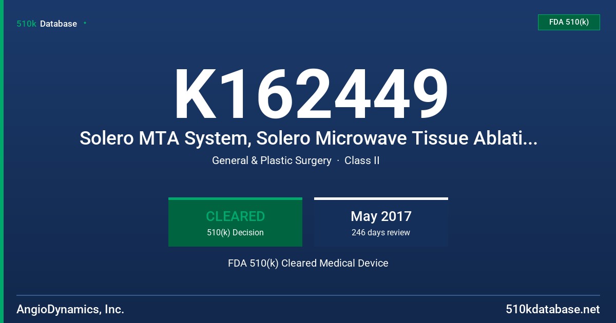 K162449 Solero MTA System, Solero Microwave Tissue Ablation Applicator (14cm), Solero Microwave Tissue Ablation Applicator (19cm),Solero Microwave Tissue Ablation Applicator (29cm) FDA 510(k) Cleared Medical Device