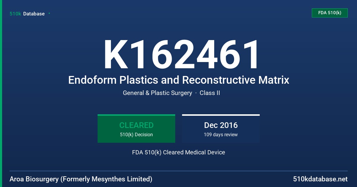 K162461 Endoform Plastics and Reconstructive Matrix FDA 510(k) Cleared Medical Device