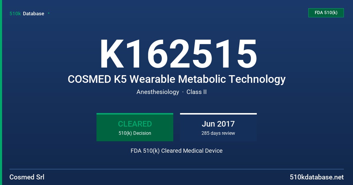 K162515 COSMED K5 Wearable Metabolic Technology FDA 510(k) Cleared Medical Device