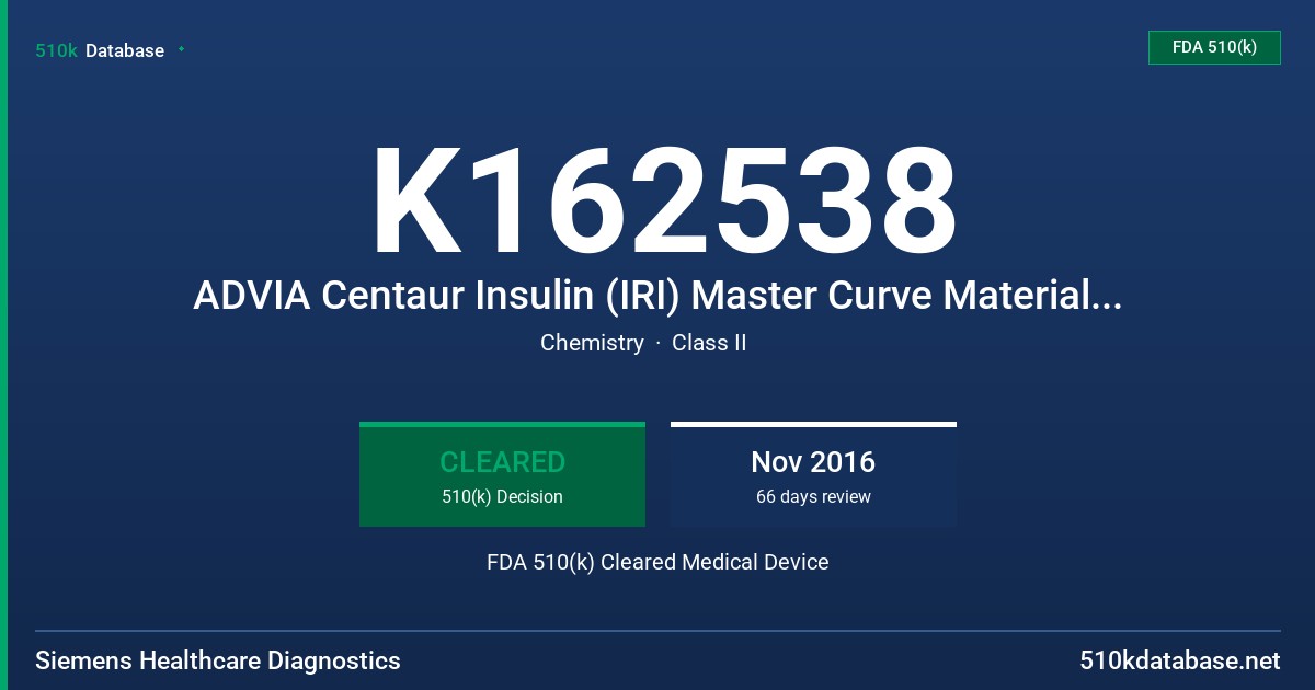 K162538 ADVIA Centaur Insulin (IRI) Master Curve Material (MCM), ADVIA Centaur (IRI) Calibrator FDA 510(k) Cleared Medical Device