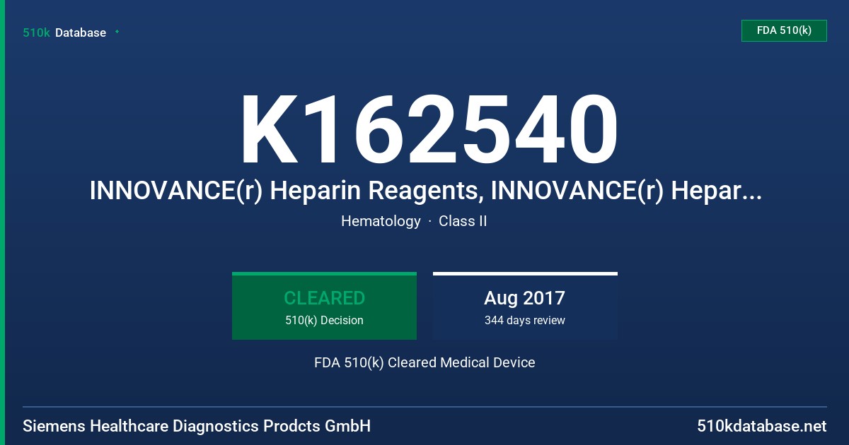 K162540 INNOVANCE(r) Heparin Reagents, INNOVANCE(r) Heparin Calibrator, INNOVANCE(r) Heparin UF and Heparin LMW Controls FDA 510(k) Cleared Medical Device