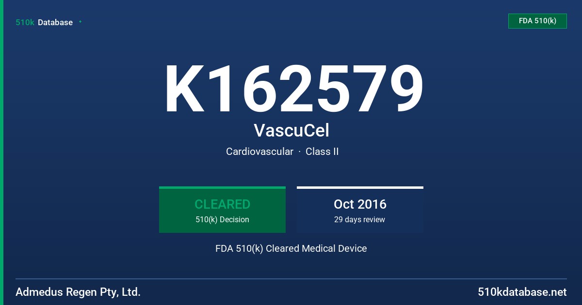 K162579 VascuCel FDA 510(k) Cleared Medical Device