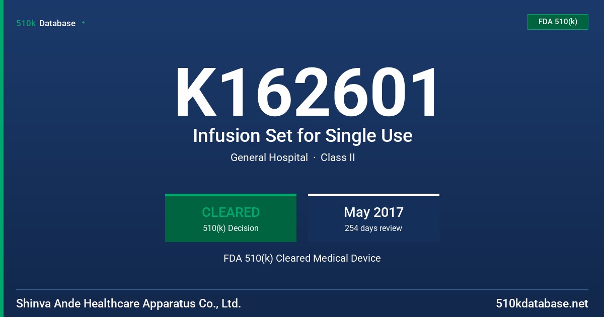 K162601 Infusion Set for Single Use FDA 510(k) Cleared Medical Device