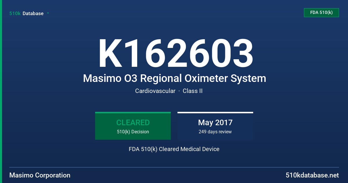 K162603 Masimo O3 Regional Oximeter System FDA 510(k) Cleared Medical Device