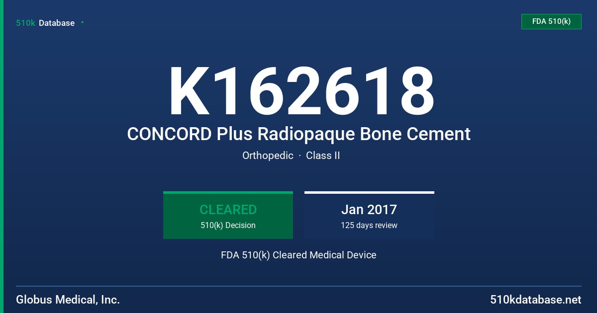 K162618 CONCORD Plus Radiopaque Bone Cement FDA 510(k) Cleared Medical Device