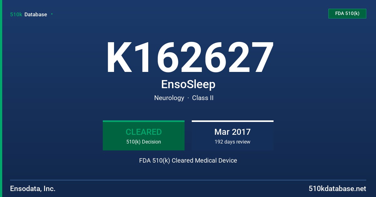 K162627 EnsoSleep FDA 510(k) Cleared Medical Device