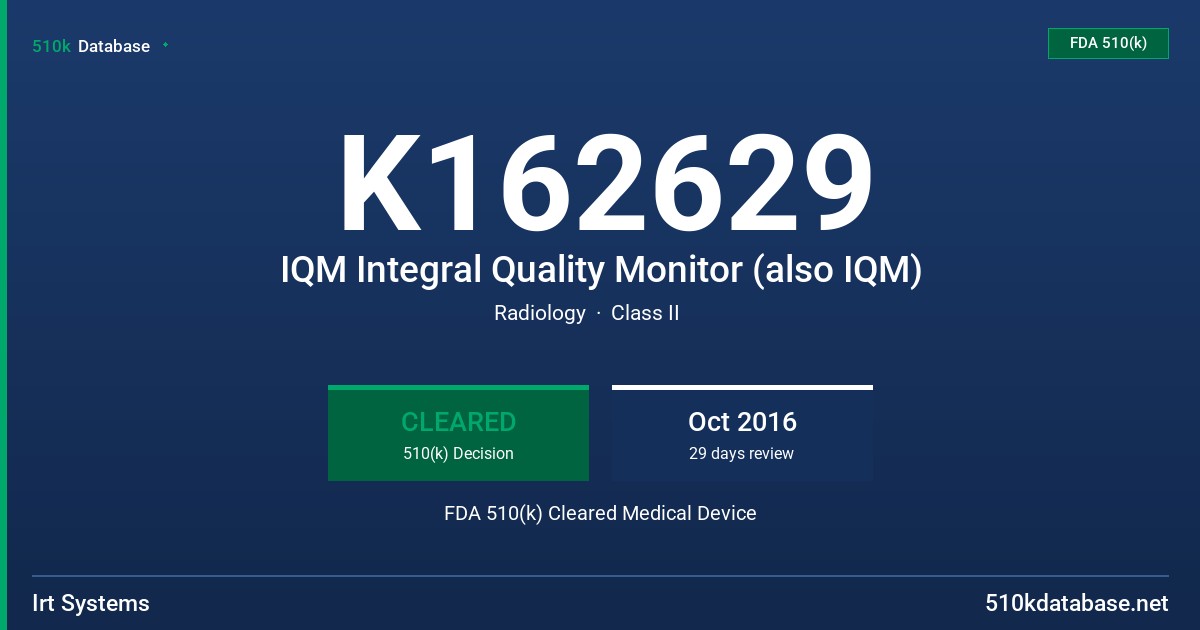 K162629 IQM Integral Quality Monitor (also IQM) FDA 510(k) Cleared Medical Device