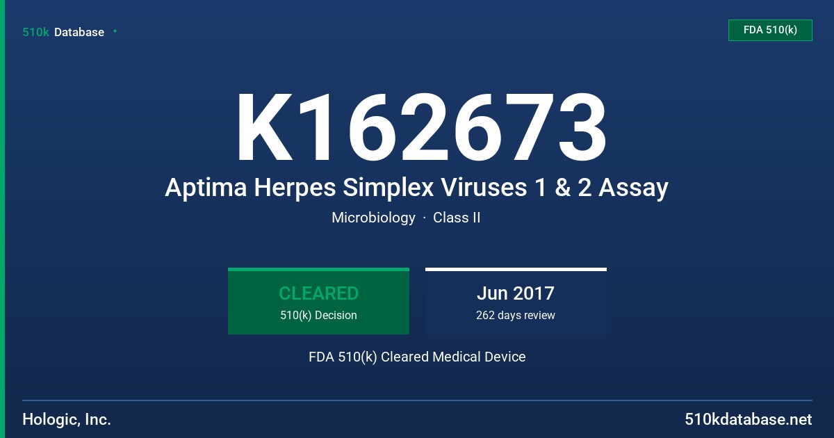 K162673 Aptima Herpes Simplex Viruses 1 & 2 Assay FDA 510(k) Cleared Medical Device