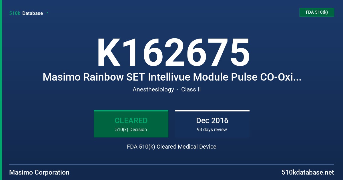 K162675 Masimo Rainbow SET Intellivue Module Pulse CO-Oximeter FDA 510(k) Cleared Medical Device