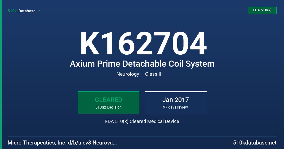 K162704 Axium Prime Detachable Coil System FDA 510(k) Cleared Medical Device