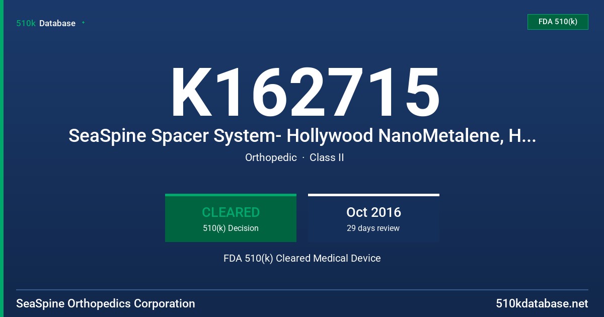 K162715 SeaSpine Spacer System- Hollywood NanoMetalene, Hollywood VI NanoMetalene, Ventura NanoMetalene FDA 510(k) Cleared Medical Device