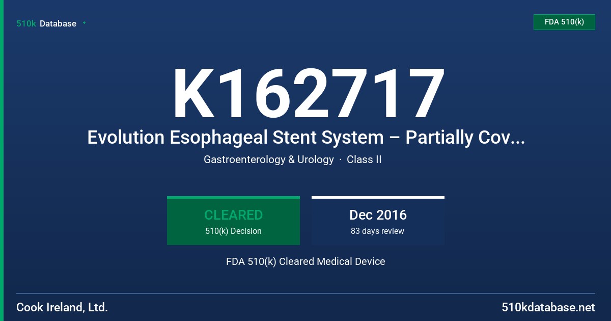 K162717 Evolution Esophageal Stent System – Partially Covered FDA 510(k) Cleared Medical Device