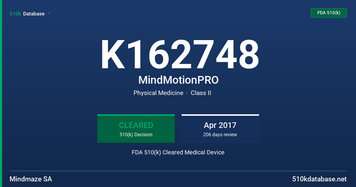 K162748 MindMotionPRO FDA 510(k) Cleared Medical Device