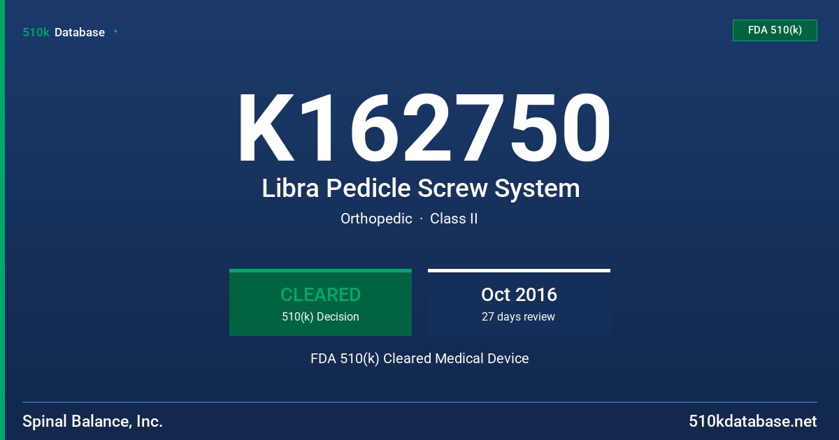 K162750 Libra Pedicle Screw System FDA 510(k) Cleared Medical Device