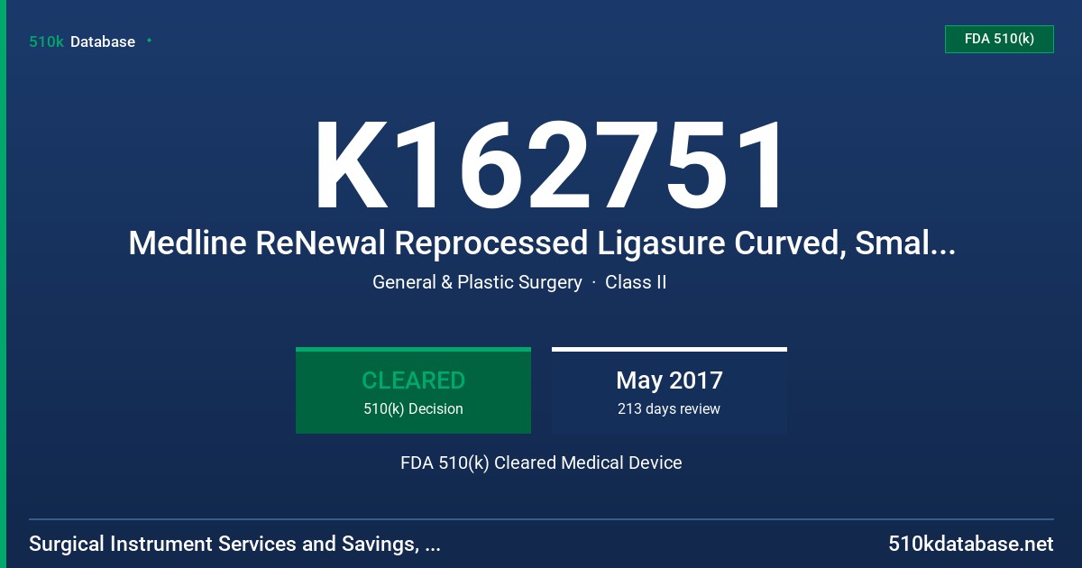 K162751 Medline ReNewal Reprocessed Ligasure Curved, Small Jaw Open Sealer/Divider FDA 510(k) Cleared Medical Device