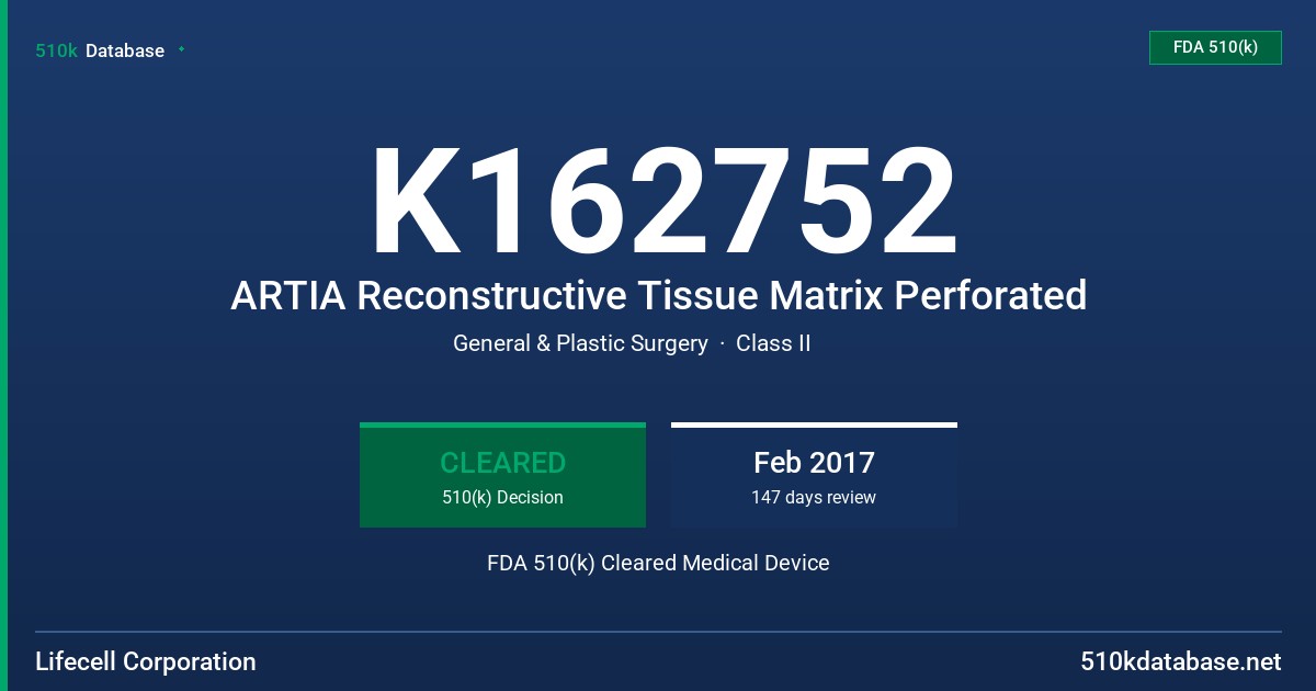 K162752 ARTIA Reconstructive Tissue Matrix Perforated FDA 510(k) Cleared Medical Device