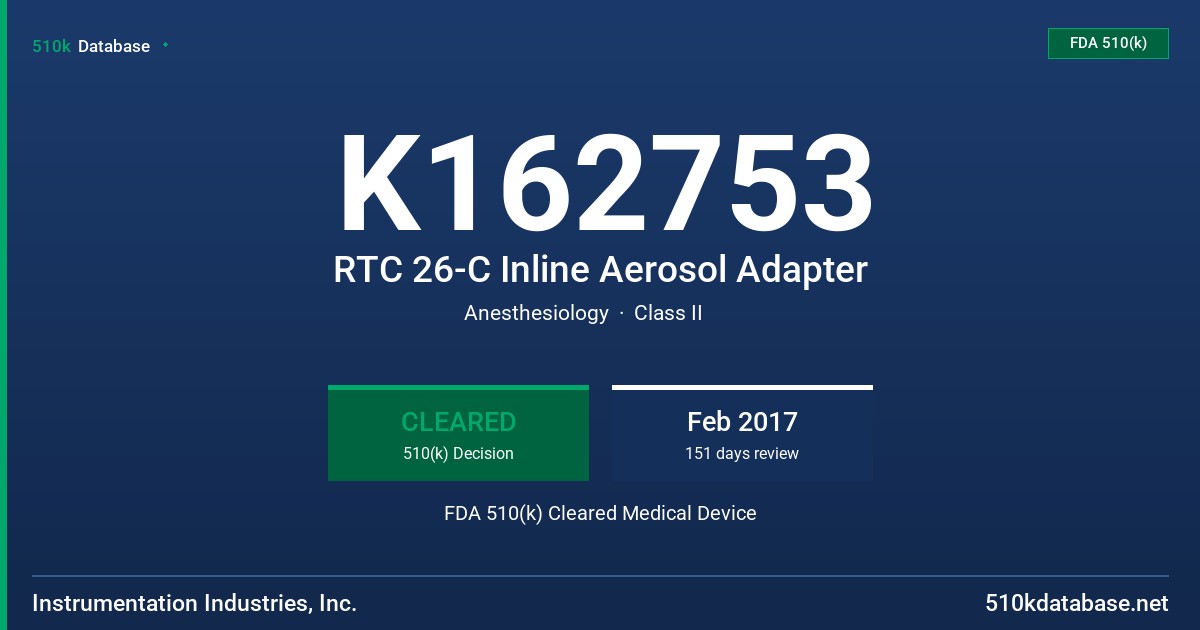 K162753 RTC 26-C Inline Aerosol Adapter FDA 510(k) Cleared Medical Device