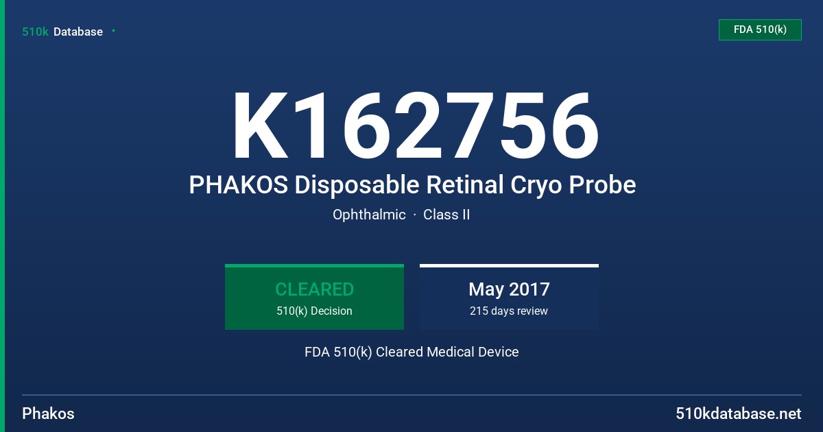 K162756 PHAKOS Disposable Retinal Cryo Probe FDA 510(k) Cleared Medical Device