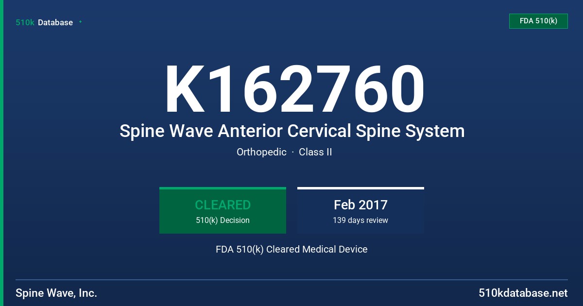 K162760 Spine Wave Anterior Cervical Spine System FDA 510(k) Cleared Medical Device